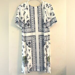 Loft Shift Dress Short Sleeve Floral Print White/Blue Midi Size XS